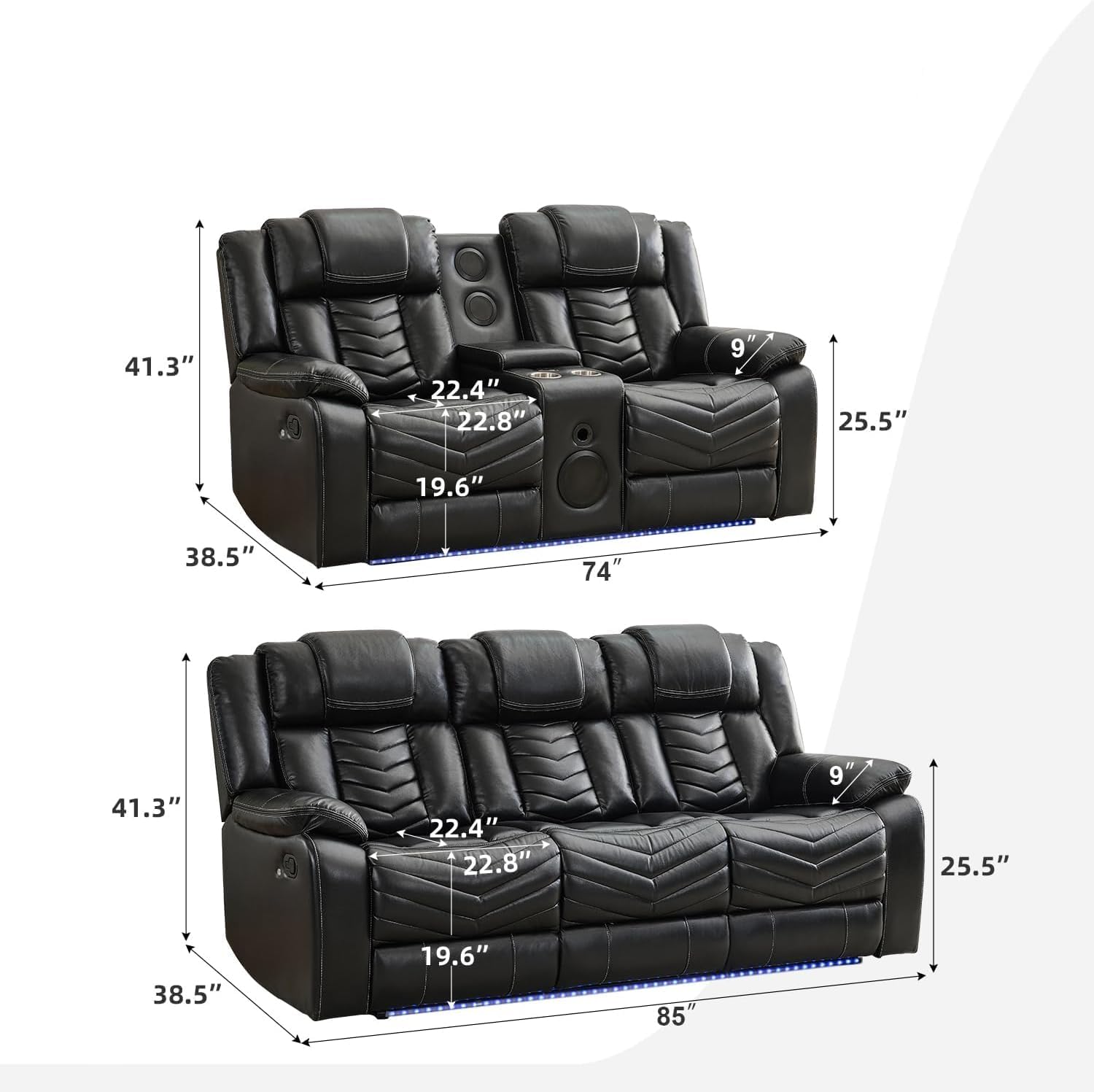 KEIKI 2-Piece Power Reclining Sofa Sets, Technical Leather Loveseat Sofa & 3 Seat Sofa, Living Room Furniture Set with Electric Recliners, Wireless Charger, Cup Holder, Storage Armrest, Black