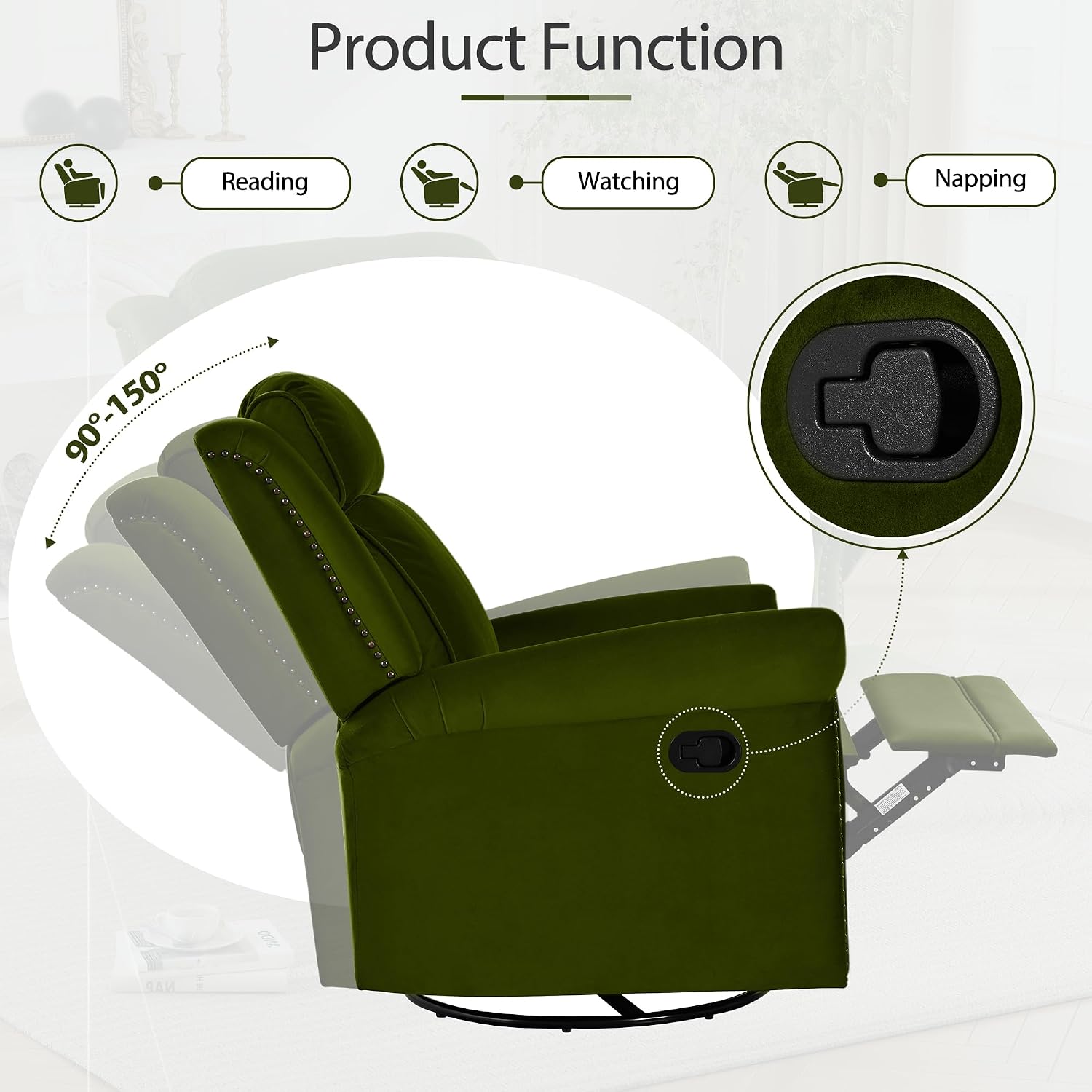Christopher Knight Home 360° Swivel Recliner, Velvet Rocking Recliner Upholstered Recliner Chair, Rocker with Adjustable Backrest Nailhead Trims, Green