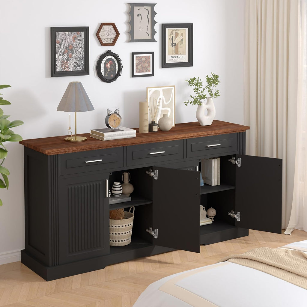 RiteSune Buffet Cabinet with Storage, 63' Modern Farmhouse Coffee Bar Cabinets with 3 Drawers and 4 Doors, Black Sideboard Buffet Cabinet, Wood Buffet Storage Table for Kitchen, Dining Room (Black)
