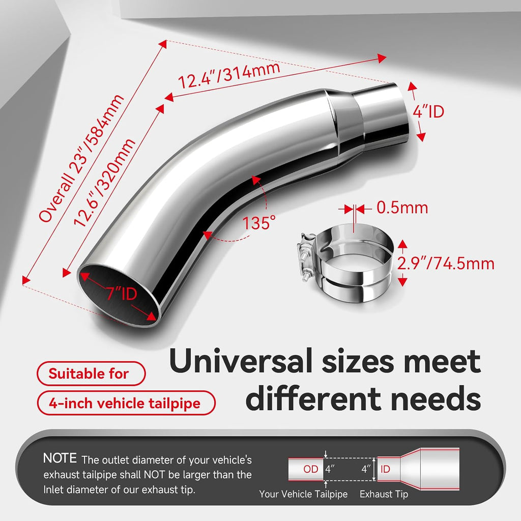Exhaust Tip, 4 Inch Diesel Exhaust Tip Elbow Tip with a Clamp, 4'' Inlet 7'' Outlet Chrome Exhaust Tip for Pickups, Trucks and Cars