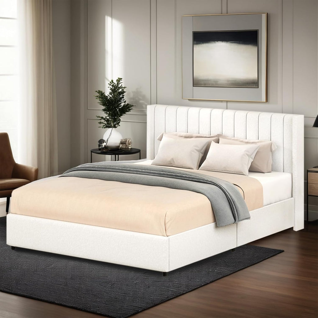 Queen Storage Bed Frame with 4 Patented Drawers - Luxury Ivory Boucle Upholstered Platform Bed, Vertical Channel Tufted Headboard, 1000lbs Heavy Duty, No Box Spring Needed