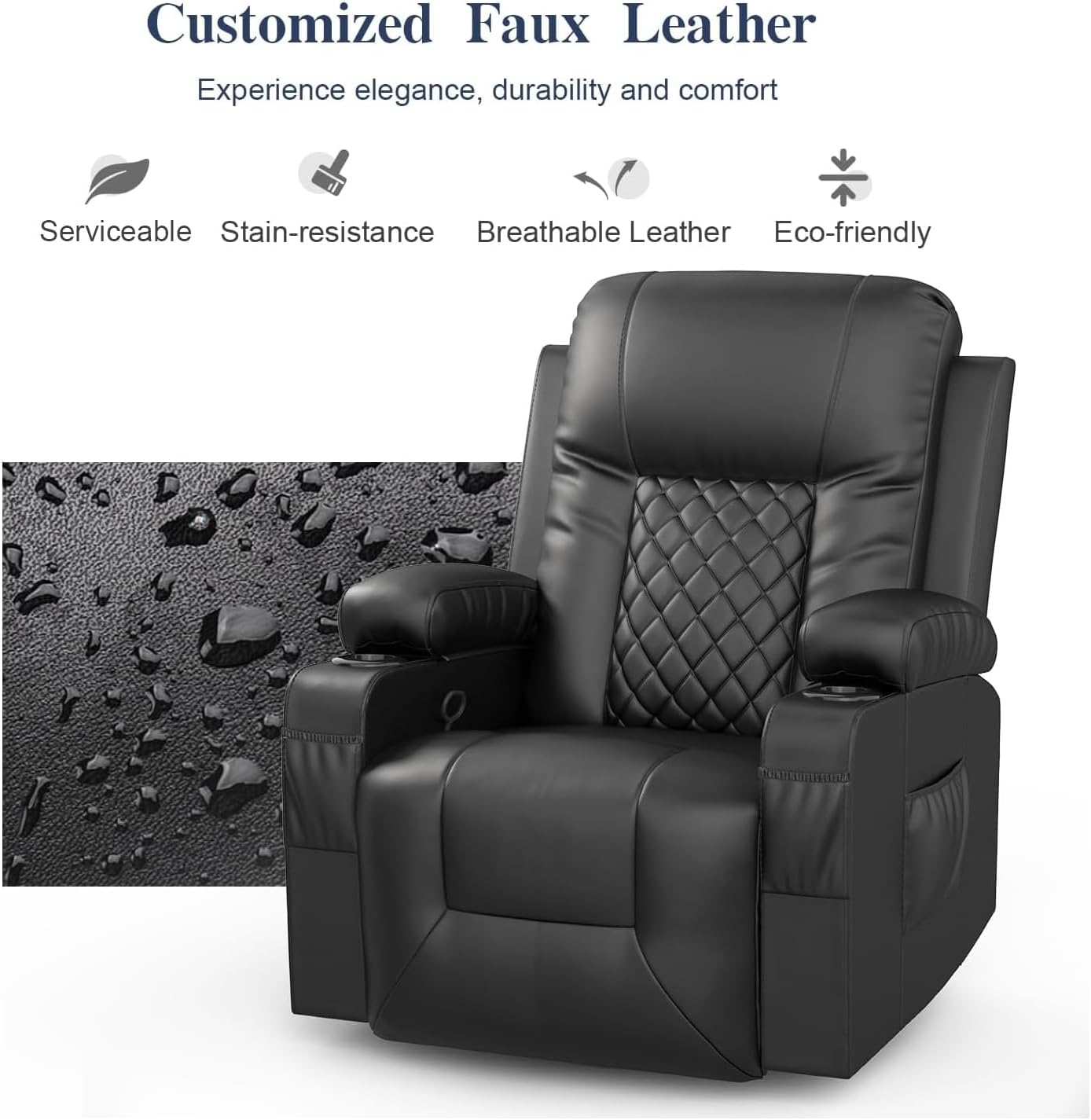 Recliner Chairs for Adults, FSC Certified Massage Reclining Chair with Heated Modern, Ergonomic Lounge Single Reclining Sofa Seat with Cup Holder & Pocket, Living Room Lounge Recliners Black