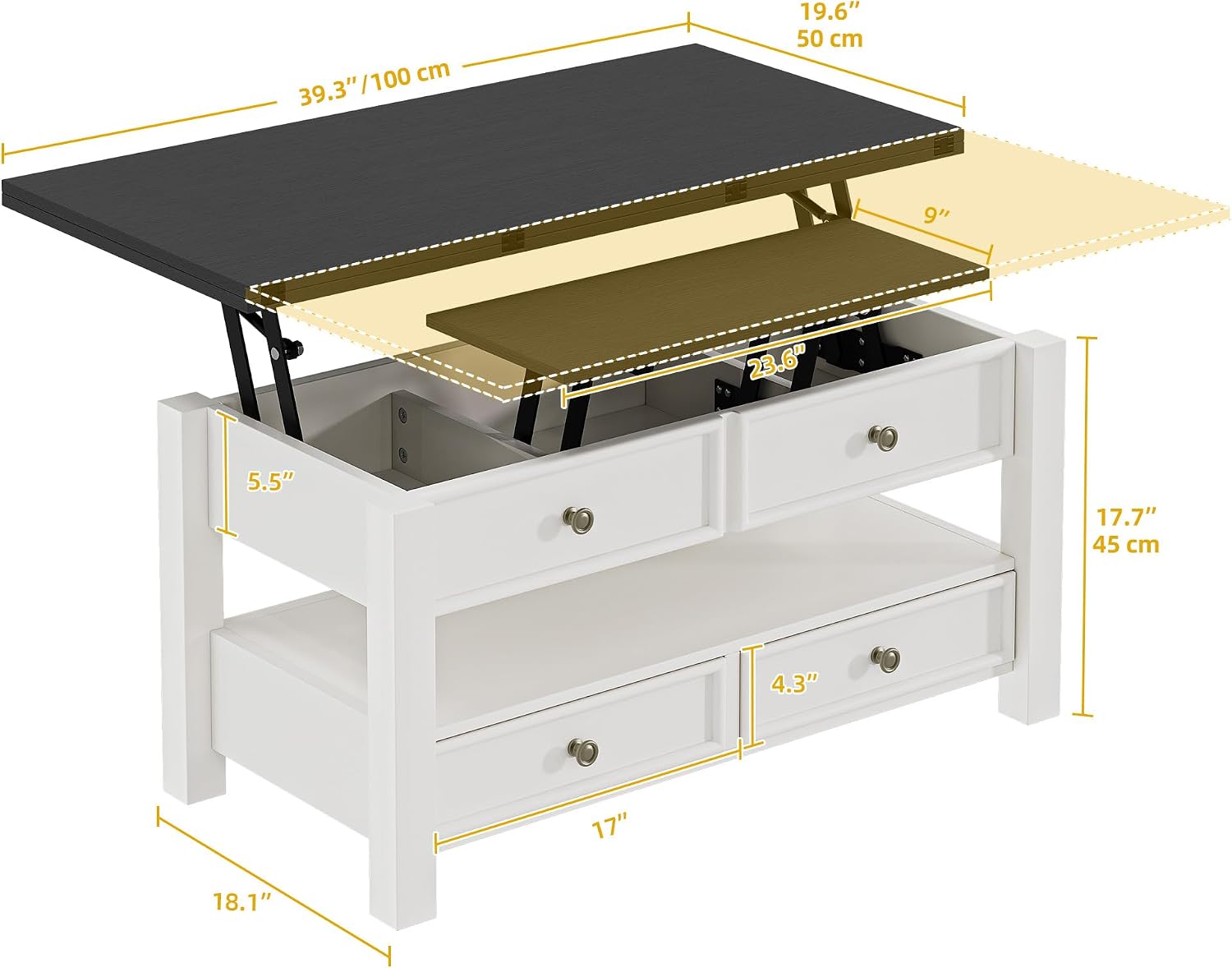 DWVO Lift Top Coffee Table, Multi-Functional Convertible Coffee Table with Drawers and Hidden Storage, Dining Table for Living Room, Home Office