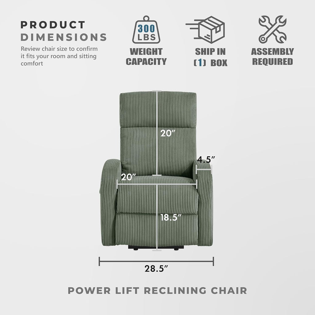 Lexicon Power Lift Recliner Chair for Elderly with Remote Control, Gentle Lift Motion, Side Pocket Armrest, Corduroy Upholstered Electric Recliner for Living Room/Bedroom, Easy Assembly, Green
