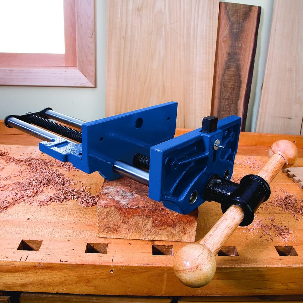 Rockler 9 Inch Quick Release Workbench Vise - Heavy Duty Bench Vise for Woodworking - Cast Iron Table with 13 Inch Jaw Opening, Woodworking Bench Clamp with Adjustable Dog for Panels.