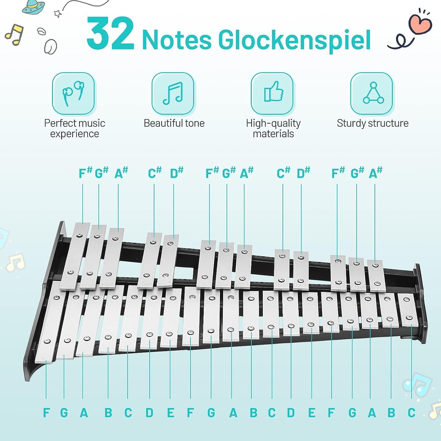 MEDIMALL 32 Notes Glockenspiel Kits, Percussion Xylophone with Adjustable Stand, Music Stand, 8' Practice Pad, Bell Mallets, Wood Drumsticks & Carrying Bag, Glockenspiel for Beginners & Professionals