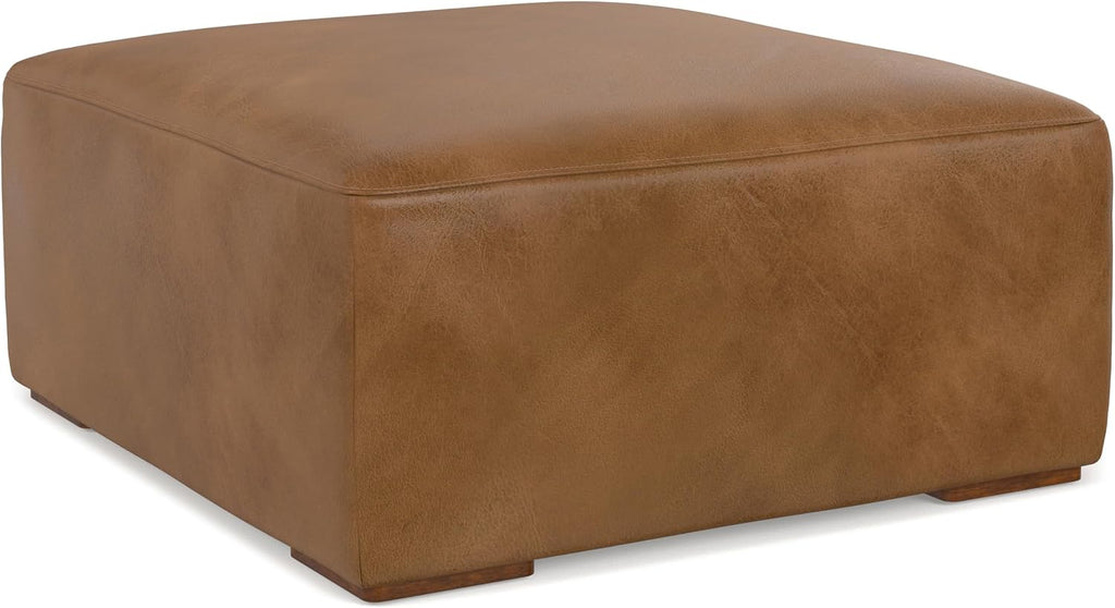 SIMPLIHOME Rex Ottoman - 34 inch Wide Upholstered Genuine Leather Square Ottoman in Caramel Brown, Modern Bench for Living Room or Bedroom with High-Density Cushion, Assembled