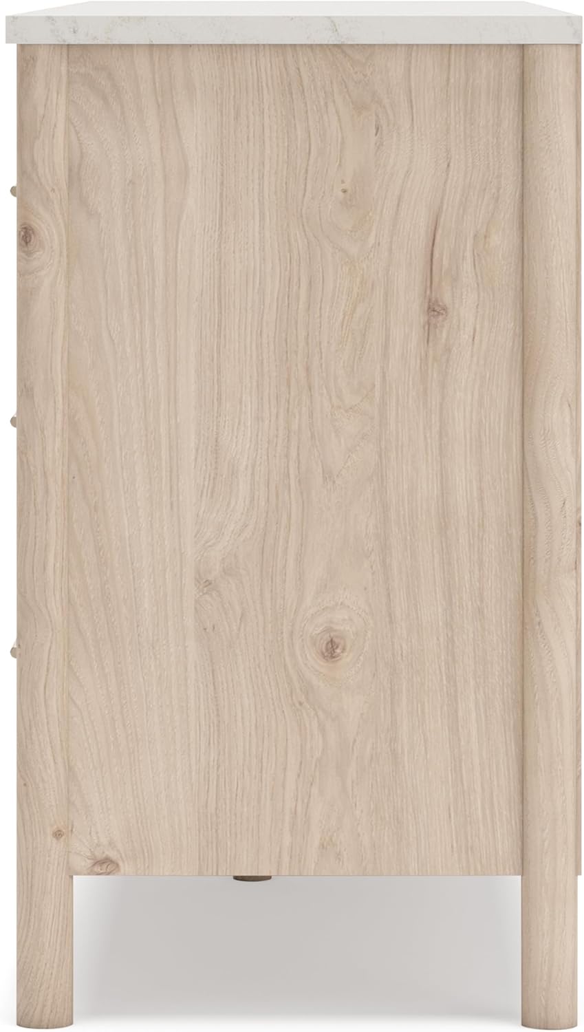 Signature Design by Ashley Cadmori Casual Bohemian Dresser with Post Legs and 6 Drawers, Replicated Marble Top, Wood, 35' High, White and Light Brown Finish