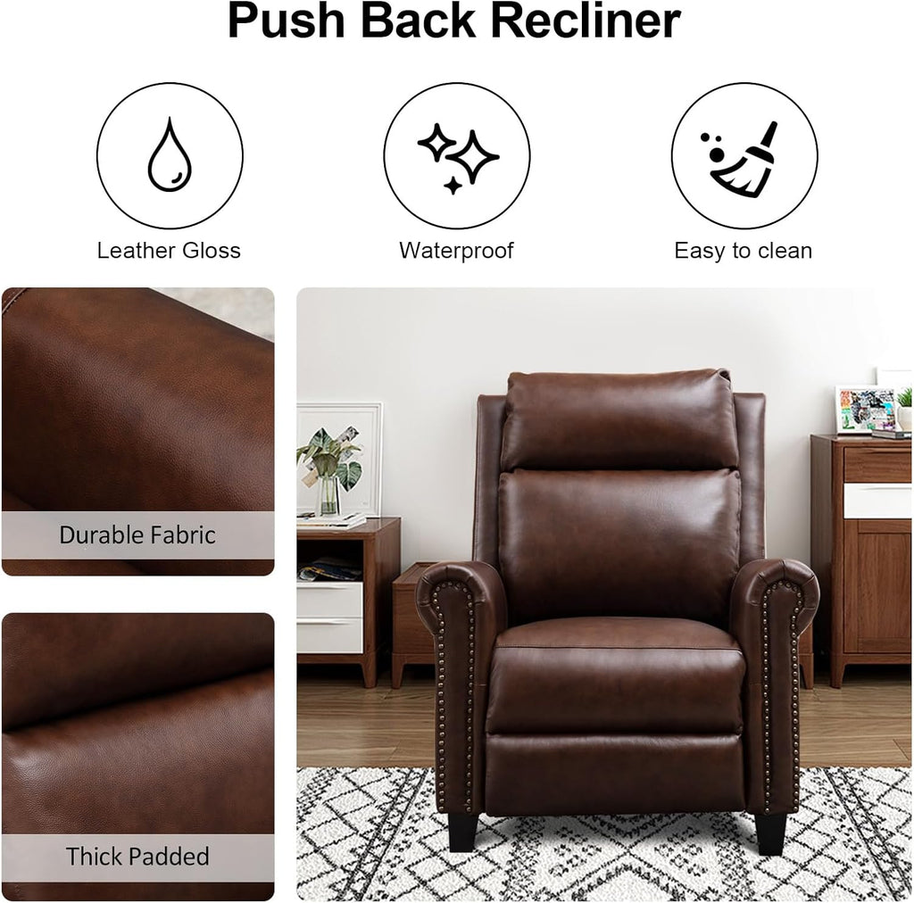 CANMOV Leather Pushback Recliner Chair, Classic and Traditional Push Back Recliner Chair with Rivet Decoration for Living Room, Adjustable Single Sofa, Brown