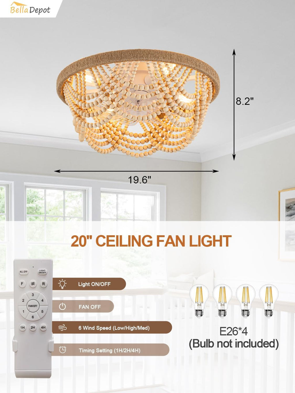 Bella Depot 20' Boho Caged Ceiling Fan with Light, Flush Mount Wood Beaded Fandelier Chandelier Fan, 6 Speeds Reversible Bladeless Ceiling Fan for Bedroom Kids Room Kitchen