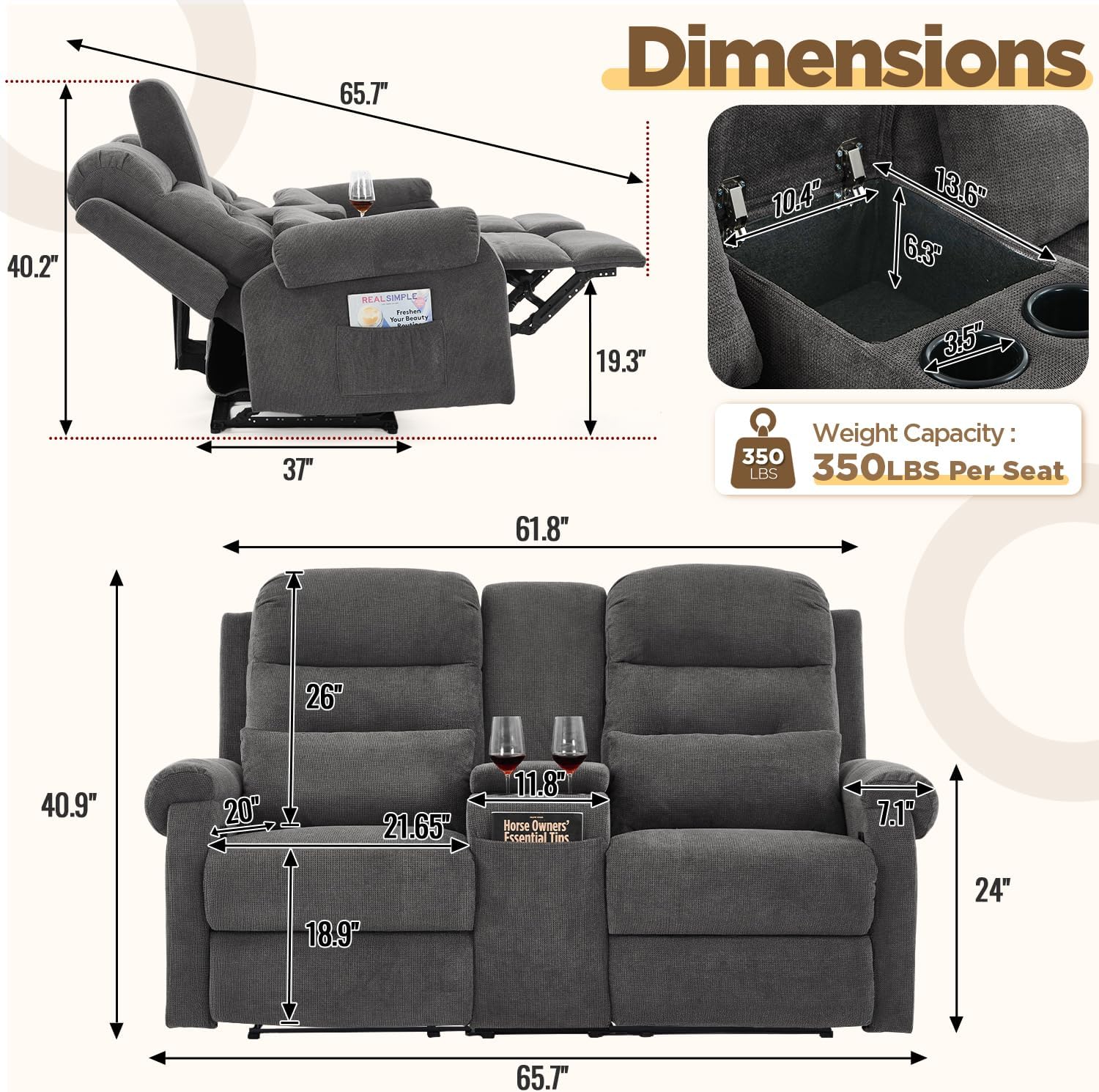 RV Loveseat Recliner with Console, Reclining Loveseat Sofa, Manual Home Theater Seating with Pockets/Cup Holders for Living Room/RV Furniture (Stone Chenille)