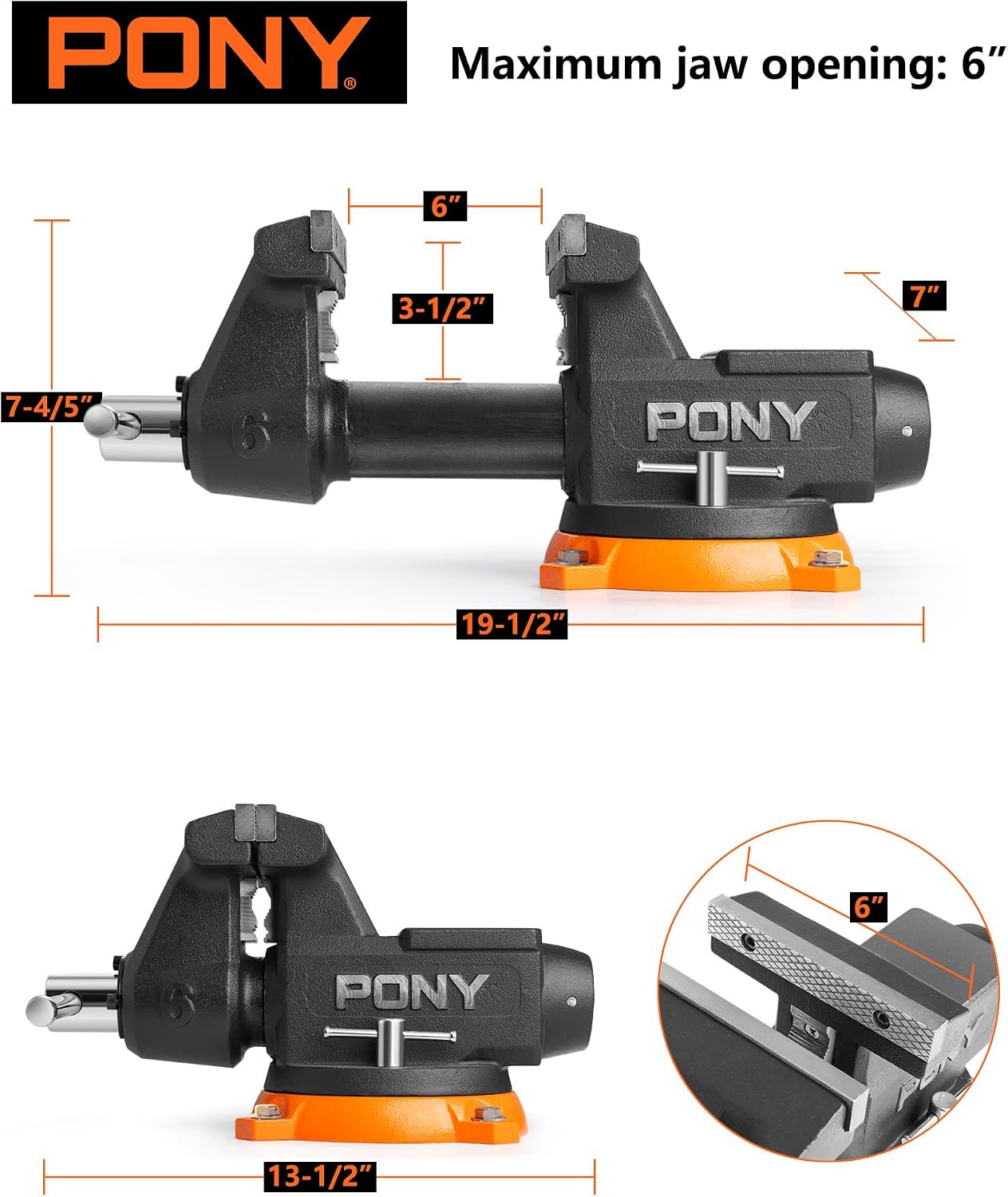 PONY 6 Inch Heavy Duty Bench Vise 8800LBS Clamping Force, Pro Workshop Workbench Vise with 360-Degree Rotatable Base and Anvil, 6-inch Jaw Opening and Width for Woodworking, Drilling, Pipe Cutting