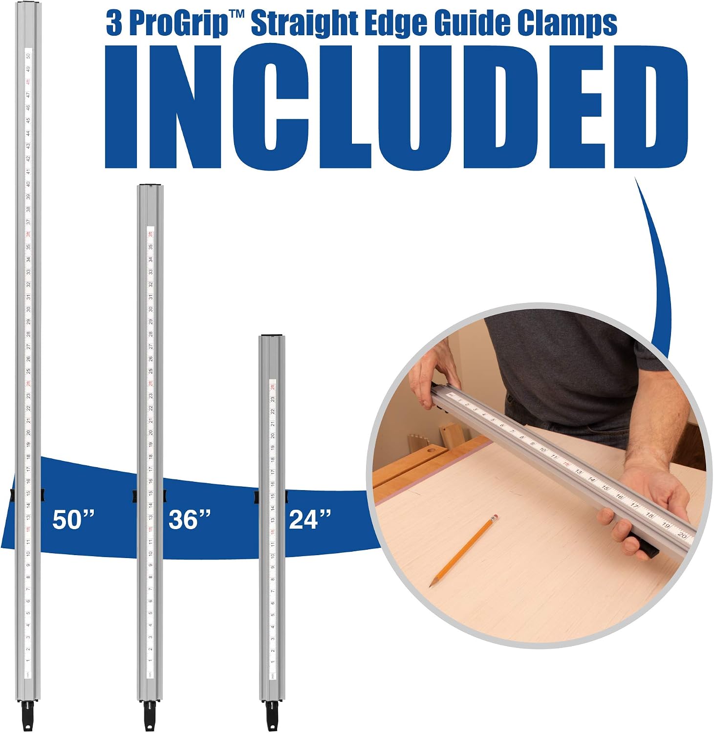 Peachtree Woodworking Supply ProGrip Aluminum Edge Clamp Set of 3-24 36 50, Ideal for Cutting Large Sheets of Plywood & Dado Slots, Circular Saw Straight Edge Guide Clamps and Edge Saw Guide