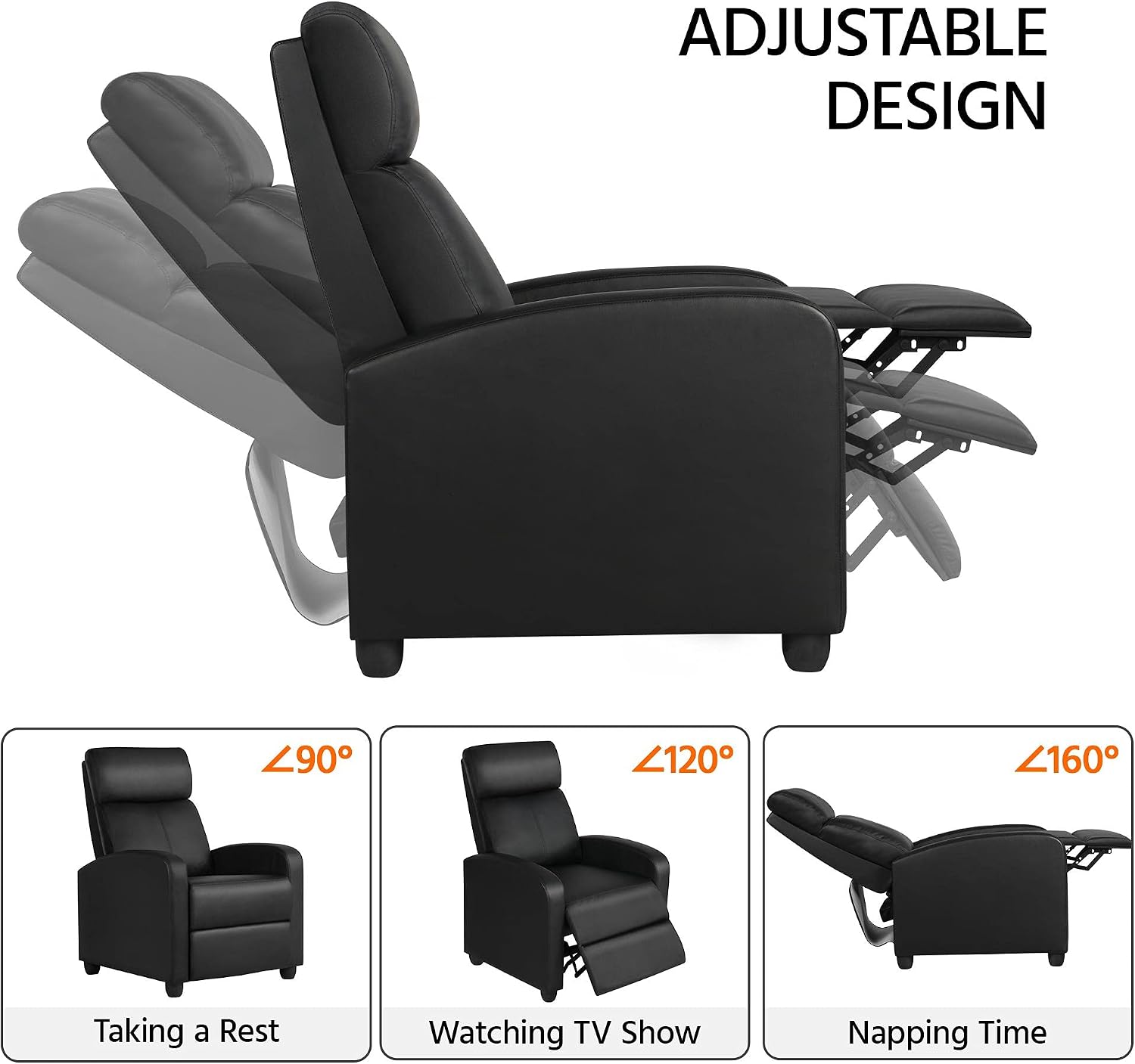 Topeakmart Recliner Chair PU Leather Adjustable Modern Single Reclining Chair with Pocket Spring Living Room Bedroom Home Theater Black