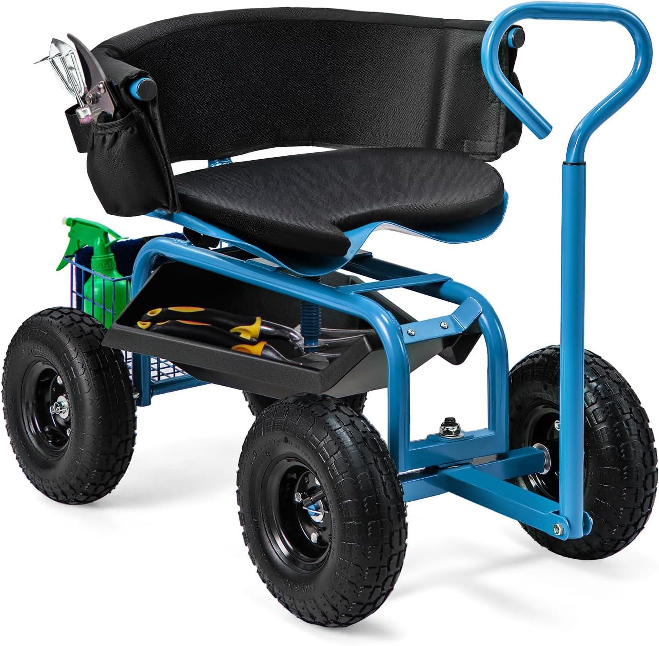 Goplus Garden Seat with Wheels, Rolling Gardening Stool with Adjustable 360° Swivel Seat, Tool Tray & Storage Basket, Extendable Handle, Outdoor Gardening Scooter, Garden Cart Workseat for Seniors