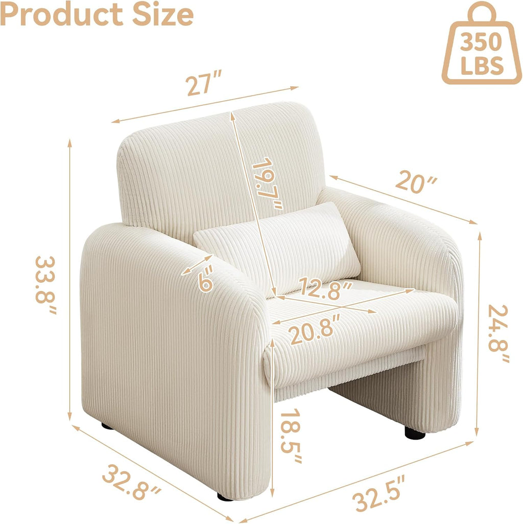 WUTUTUEE Corduroy Fabric Accent Chairs Set of 2, Modern Upholstered Living Room Chairs with Lumbar Pillow, Wide Comfy Leisure Armchair for Bedroom, Office, Reading, White