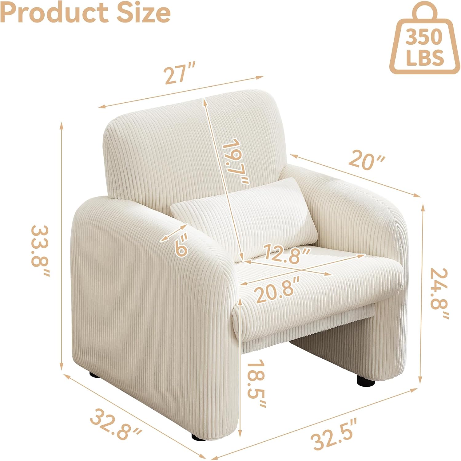 WUTUTUEE Corduroy Fabric Accent Chairs Set of 2, Modern Upholstered Living Room Chairs with Lumbar Pillow, Wide Comfy Leisure Armchair for Bedroom, Office, Reading, White