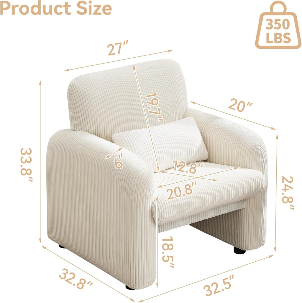 WUTUTUEE Corduroy Fabric Accent Chair, Modern Upholstered Living Room Chairs with Lumbar Pillow, Wide Comfy Leisure Armchair for Bedroom, Office, Reading, White