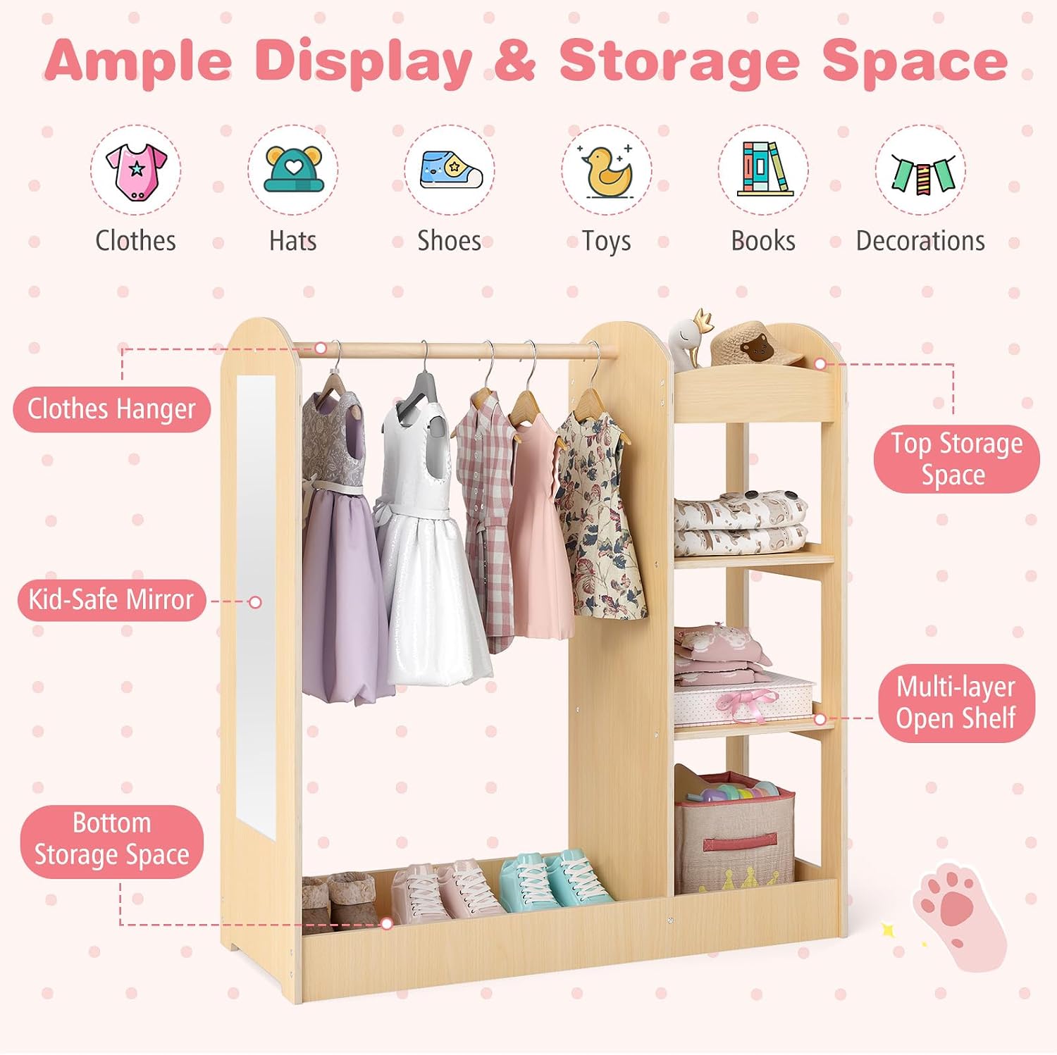 Costzon Kids Dress up Storage with Mirror, Clothes Rack, 3-Tier Shelves, Bottom Tray, Pretend Play Costume Dresser Organizer Center, Open Hanging Armoire Closet for Little Girls (Natural)