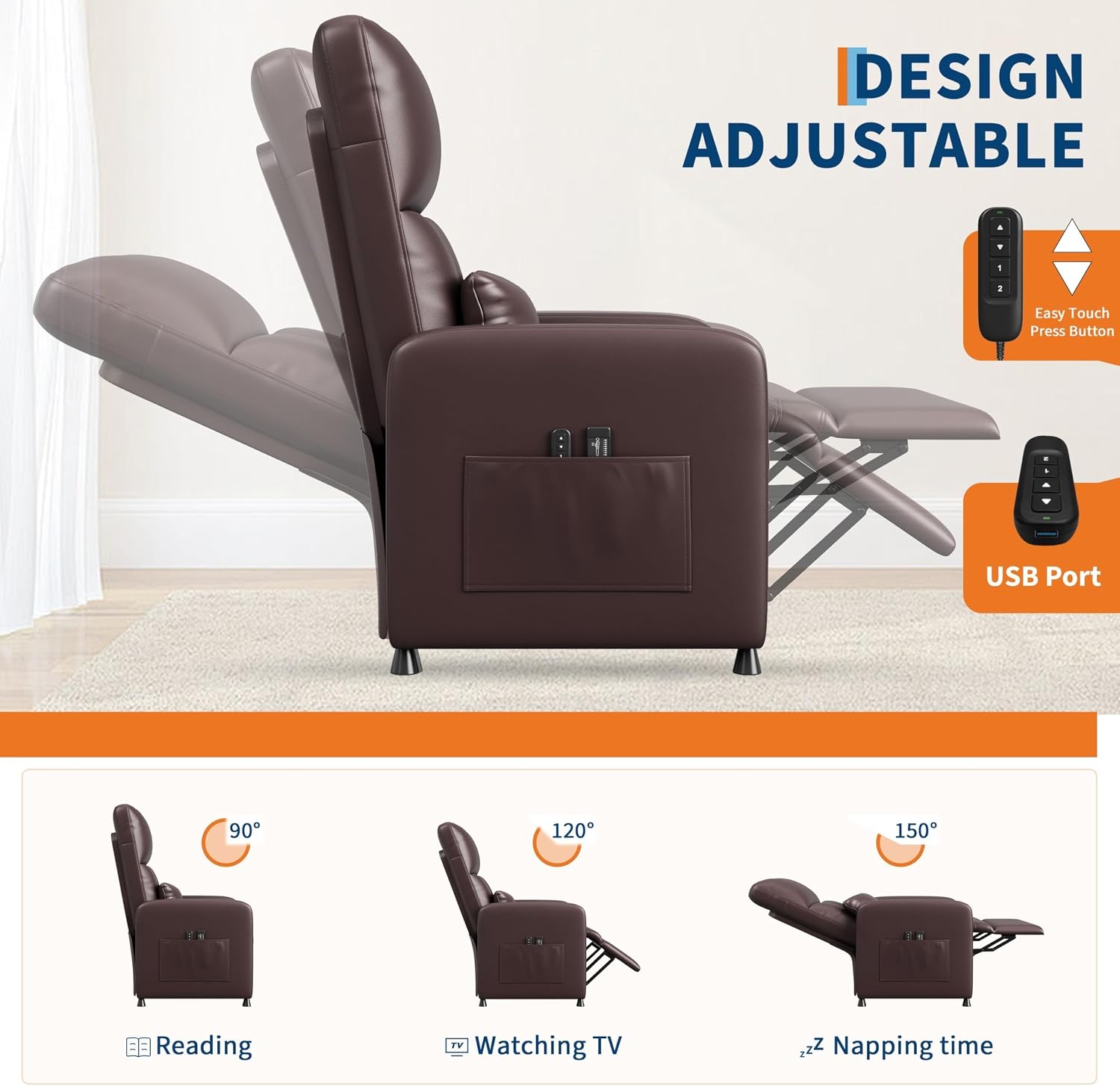 Electric Power Recliner Chair, Tall Back PU Leather Sofa, Ergonomic Padded Seat, Lumbar Support, 2 Side Pockets, USB, 370 lbs—Recliner for Living Room