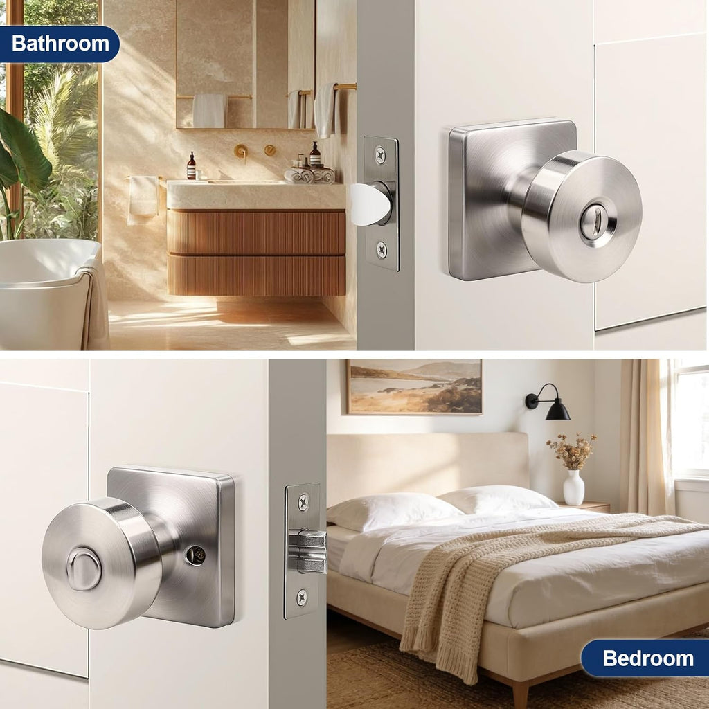 Orger 6 Pack Brushed Nickel Door Knobs Interior, Zinc-Alloy Keyless Silver Door Knob with Lock, Heavy Duty Privacy Square Door Knob for Bathroom and Bedroom