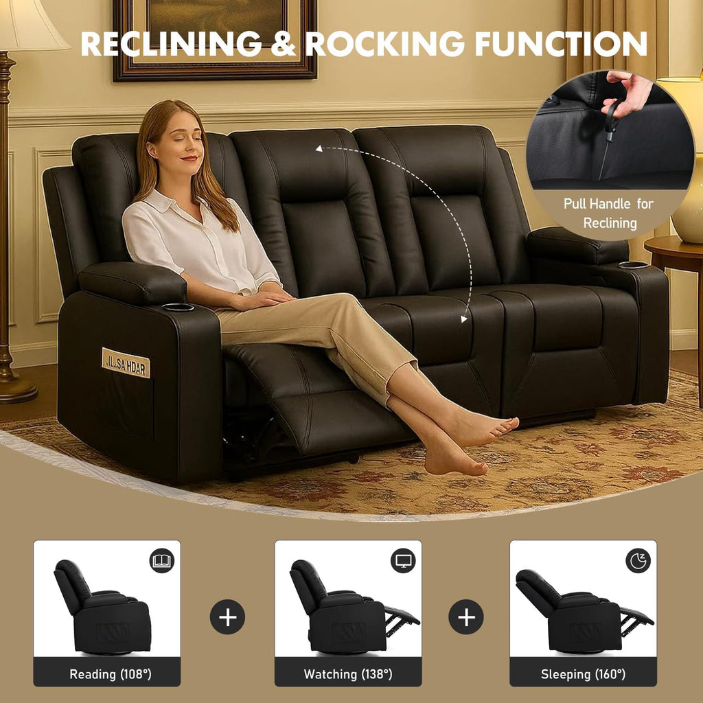 LUCKLIFE Leather Recliner Sofa Set with Manual Recliners,Living Room Furniture Set with Reclining Couch,Loveseat and Armchair,Living Room Chair with Cup Holders,Black (3+1+1)