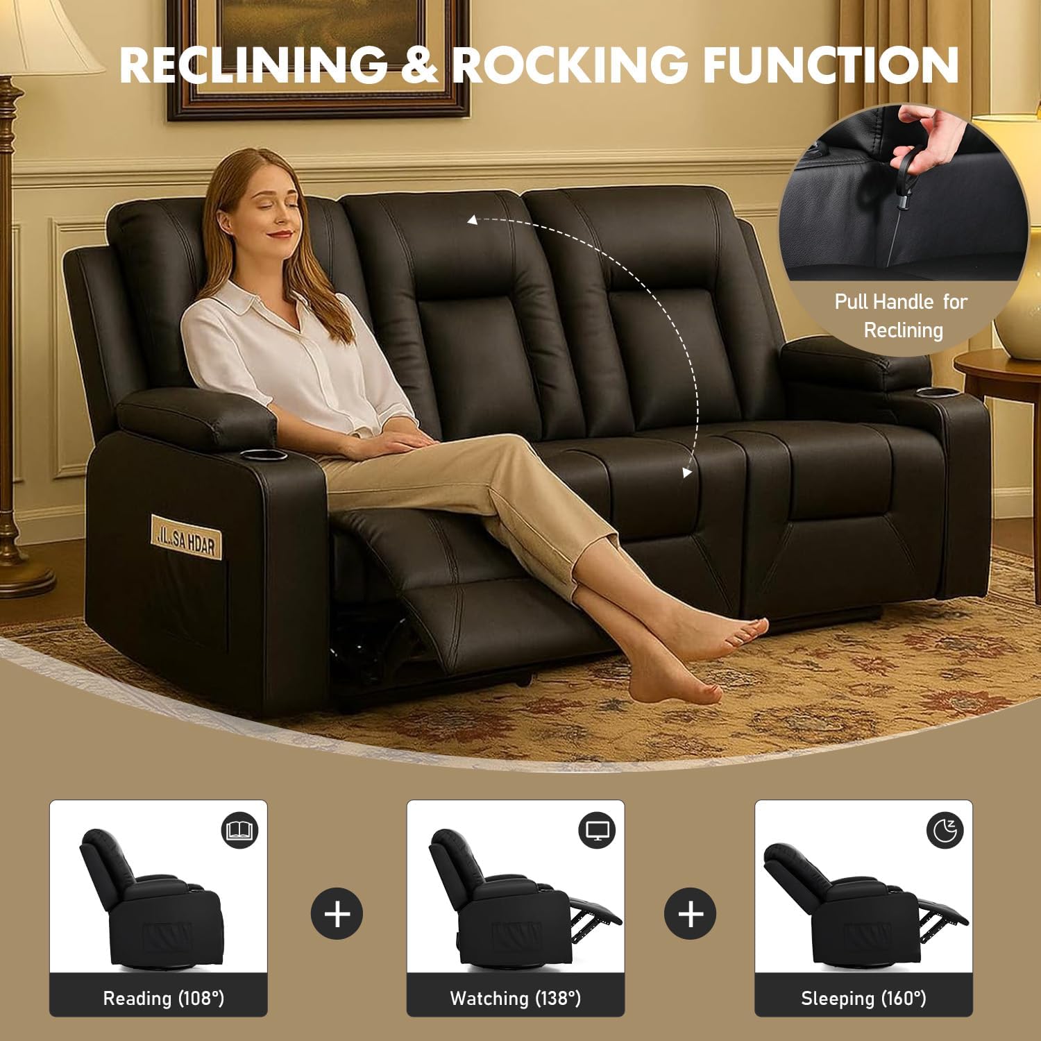 LUCKLIFE Leather Recliner Sofa Set with Manual Recliners,Living Room Furniture Set with Reclining Couch,Loveseat and Armchair,Living Room Chair with Cup Holders,Black (3+1+1)