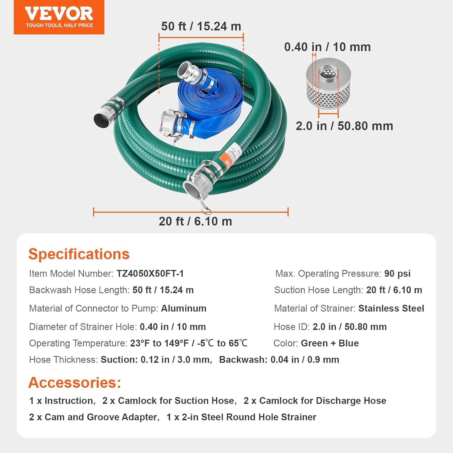 VEVOR Suction Hose Kit for Water Pump, with 2 in x 50 ft Blue Backwash Hose, 20 ft Green Suction Hose, and Steel Round Hole Strainer, Camlocks, Clamps, Cam & Groove Adapter, for Multiple Purposes
