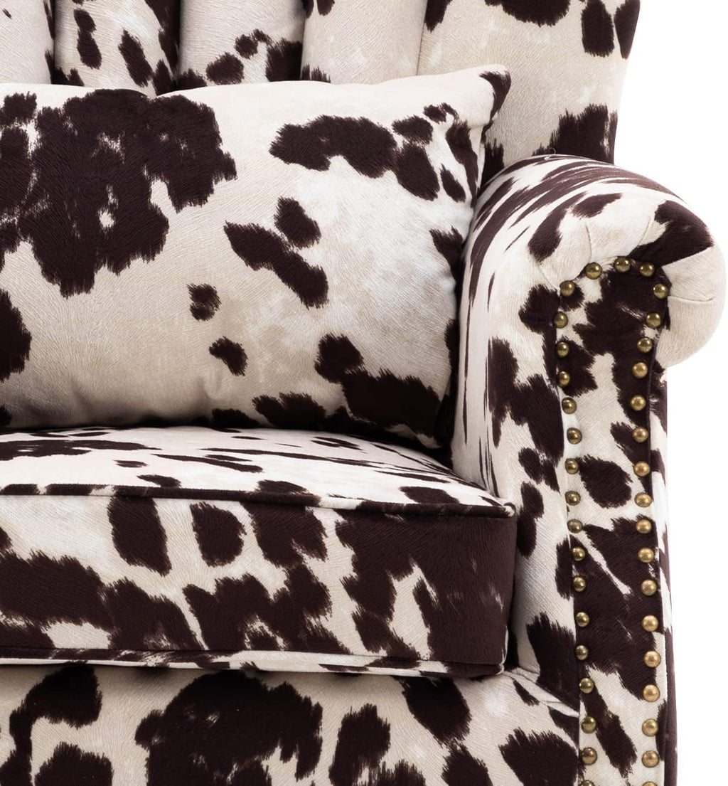 Kmax Cow Print Accent Chair Velvet Wingback Chair with Pillow Nail-Head Channel Tufted Oversized Club Chair for Living Room Bedroom Guest Room