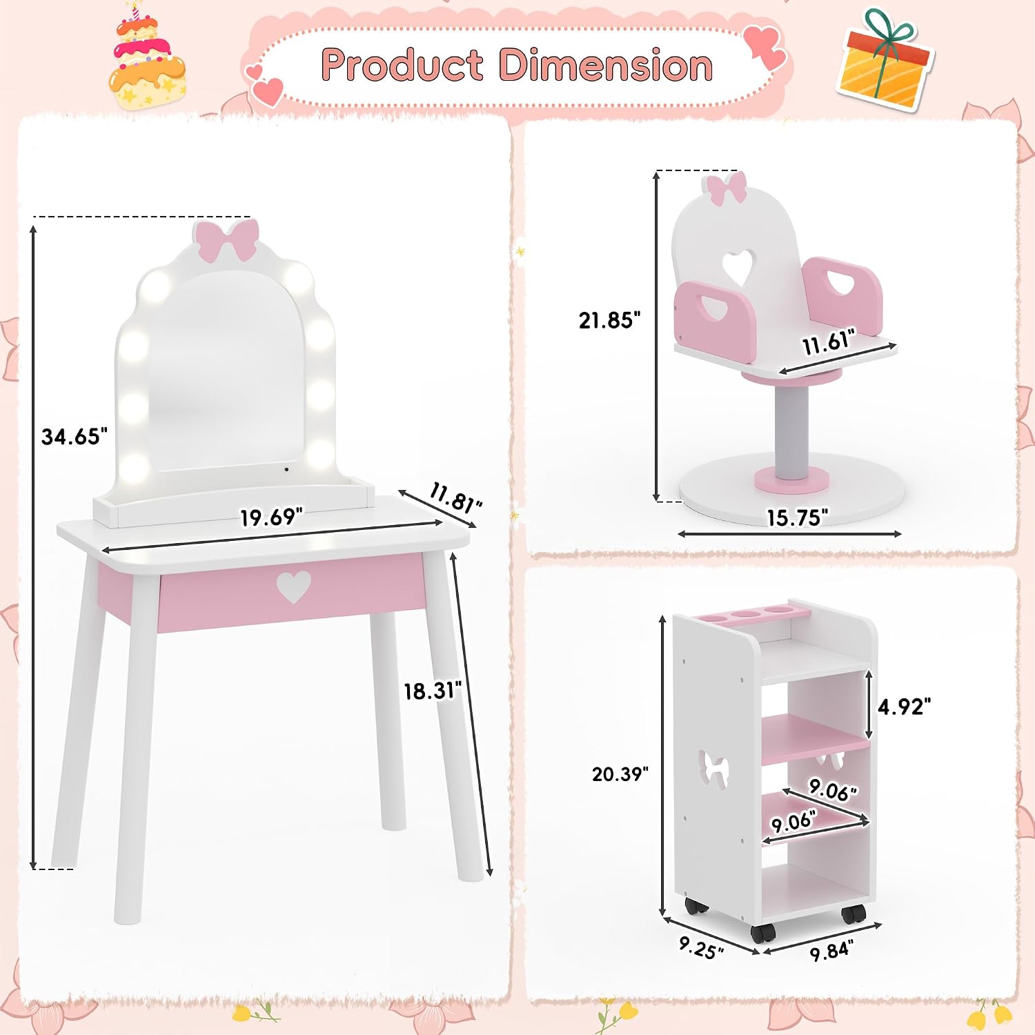 Wooden Kids Vanity Table and Chair Set with Light and Mirror, Princess Makeup Vanity Desk with Barber Chair and Rolling Cart, Pretend Hair Salon Play Set, Toddler Vanity Set for Girls, White