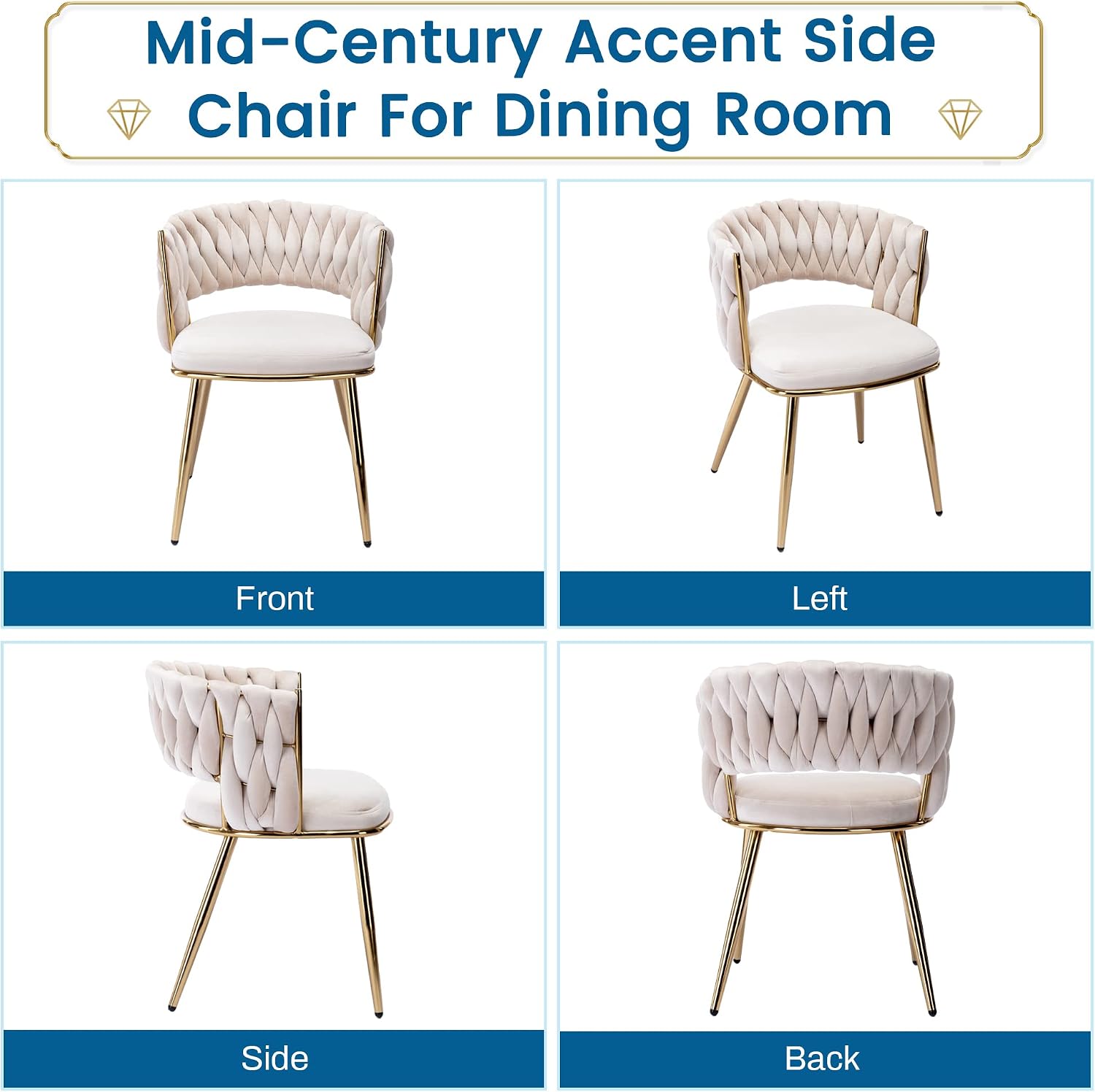 KCC Modern Velvet Dining Chairs Set of 2, Upholstered Living Room Chair with Woven Back and Golden Metal Legs, Mid-Century Accent Side Chair for Living Dining Room, Kitchen, Beige
