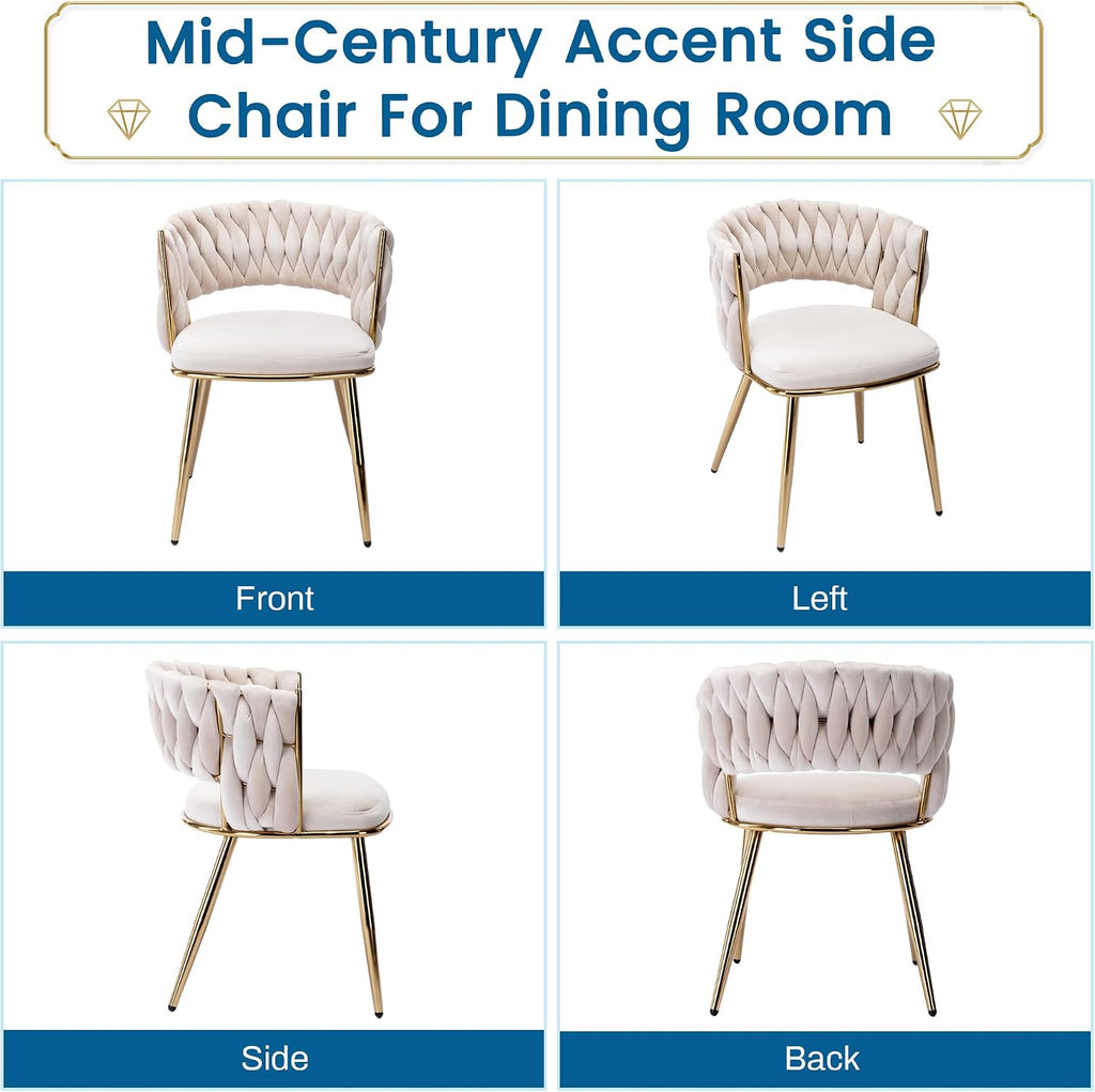 KCC Modern Velvet Dining Chairs Set of 4, Upholstered Living Room Chair with Woven Back and Golden Metal Legs, Mid-Century Accent Side Chair for Dining Room, Kitchen, Beige