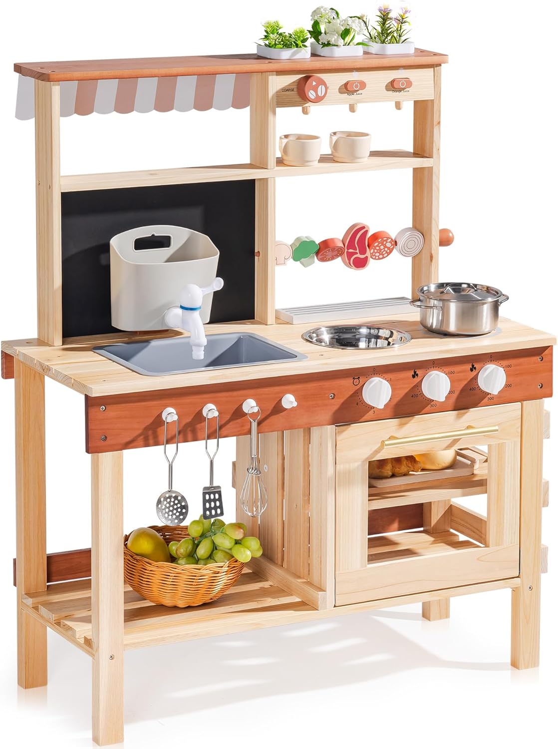 ROBOTIME Kids Mud Kitchen, Wooden Mud Kitchen for Kids Outdoor with Real Water Play Sink, BBQ Grill, Coffee Maker & Planting Station, Large Storage Outdoor Play Kitchen, Kitchen Toys for Ages 3+
