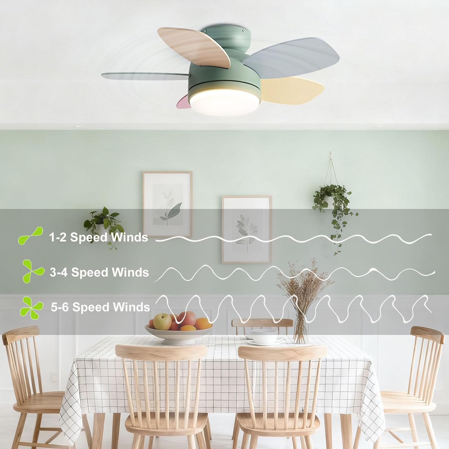 Flush Mount 32in Ceiling Fan with Light 6 Speed Quiet Colorful Ceiling Fans Remote LED Ceiling Lights Fan Lighting Timing Reversible Fan Light for Bedroom Kids Room Lounge