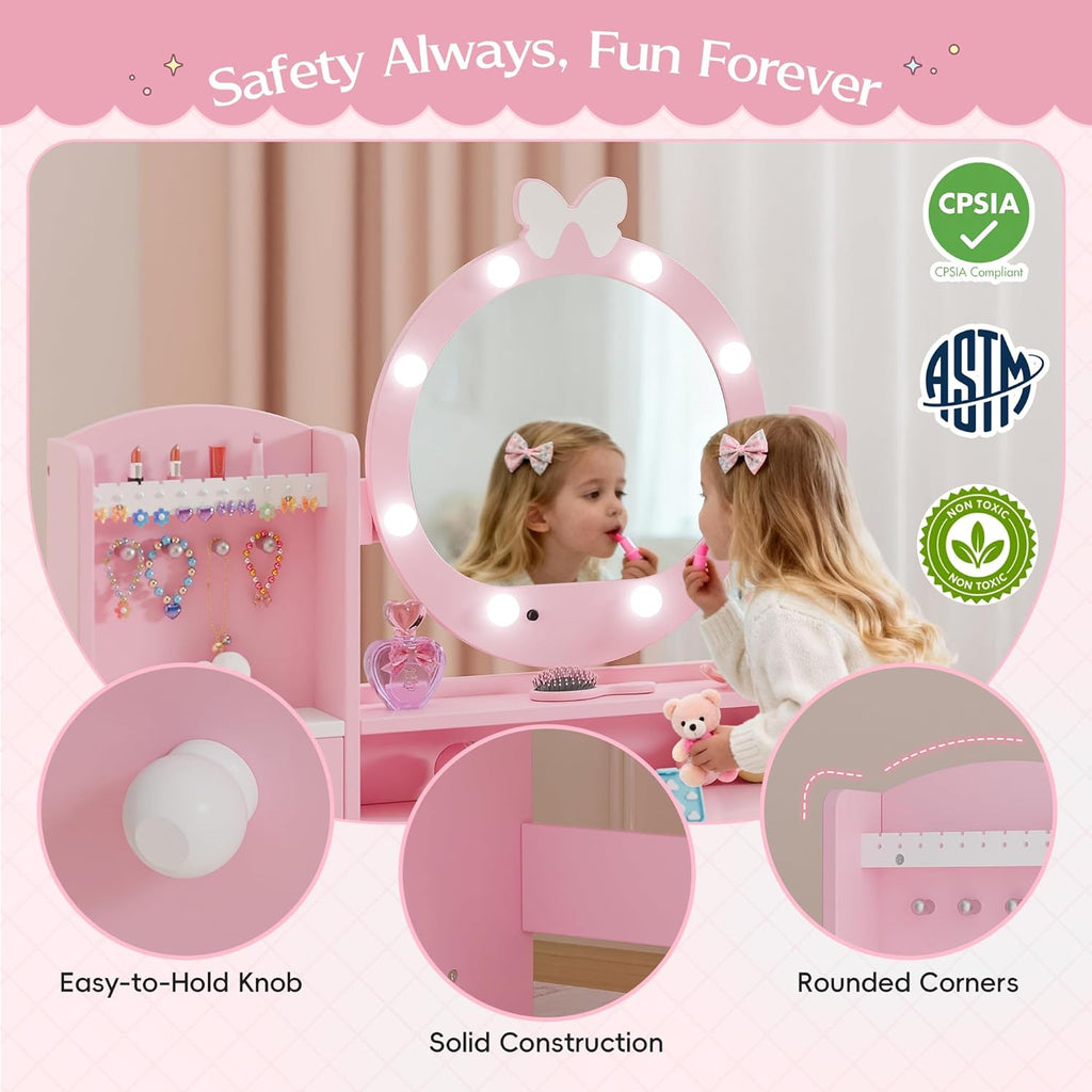 TOLEAD Kids Vanity, Girls Vanity Set with Mirror and Stool and Lights, Toddler Vanity Table and Chair Set with Jewelry Storage, Wooden Princess Makeup Desk Dressing Table for Girls, Pink