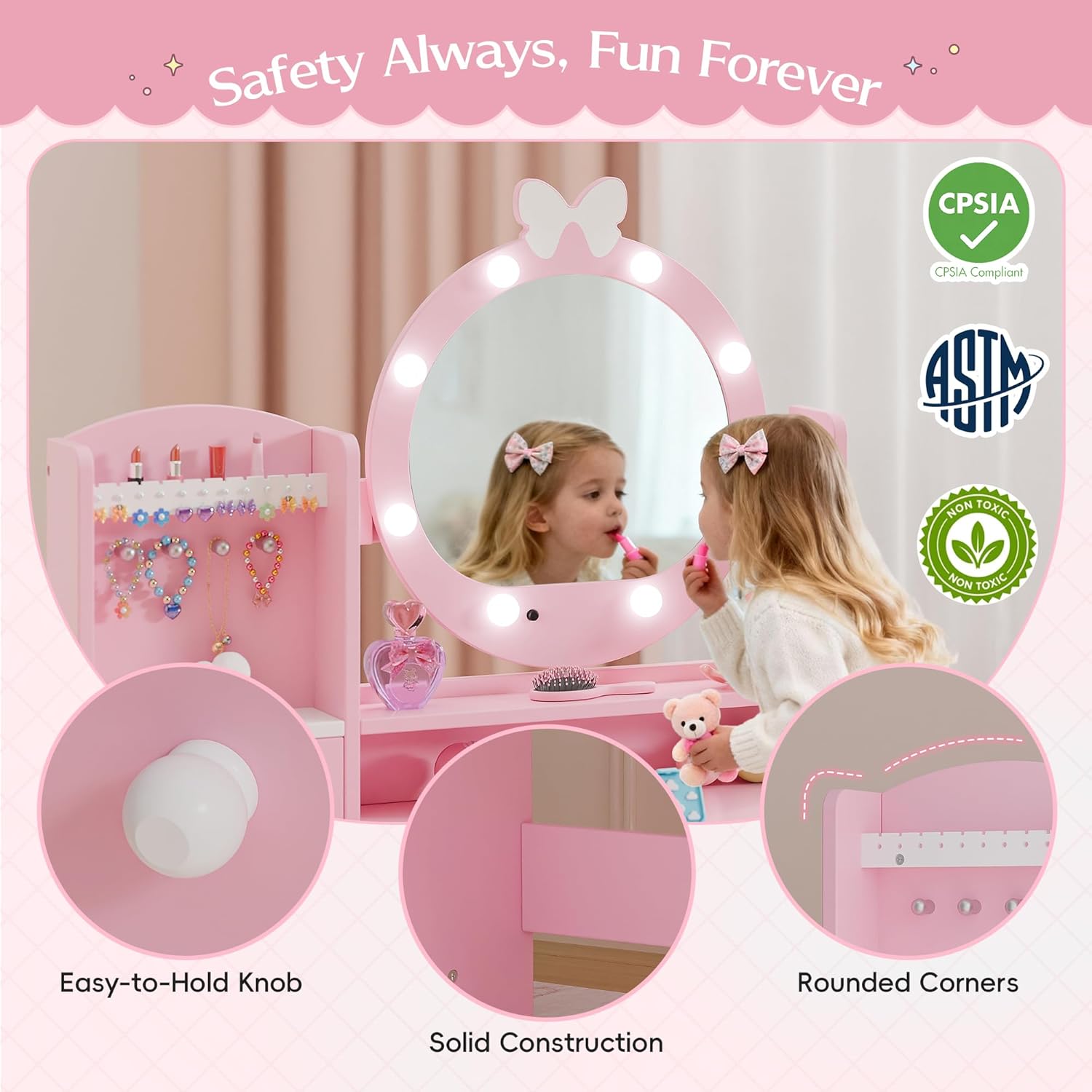 TOLEAD Kids Vanity, Girls Vanity Set with Mirror and Stool and Lights, Toddler Vanity Table and Chair Set with Jewelry Storage, Wooden Princess Makeup Desk Dressing Table for Girls, Pink