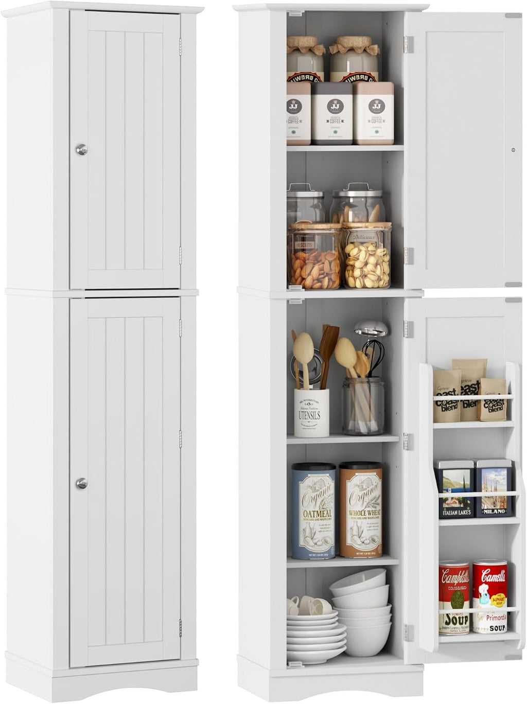 Function Home Tall Bathroom Storage Cabinet, 64' Slim Kitchen Pantry with Door Storage, Narrow Wood Freestanding Cabinets with Adjustable Shelves for Kitchen Living Room Dining Room, White
