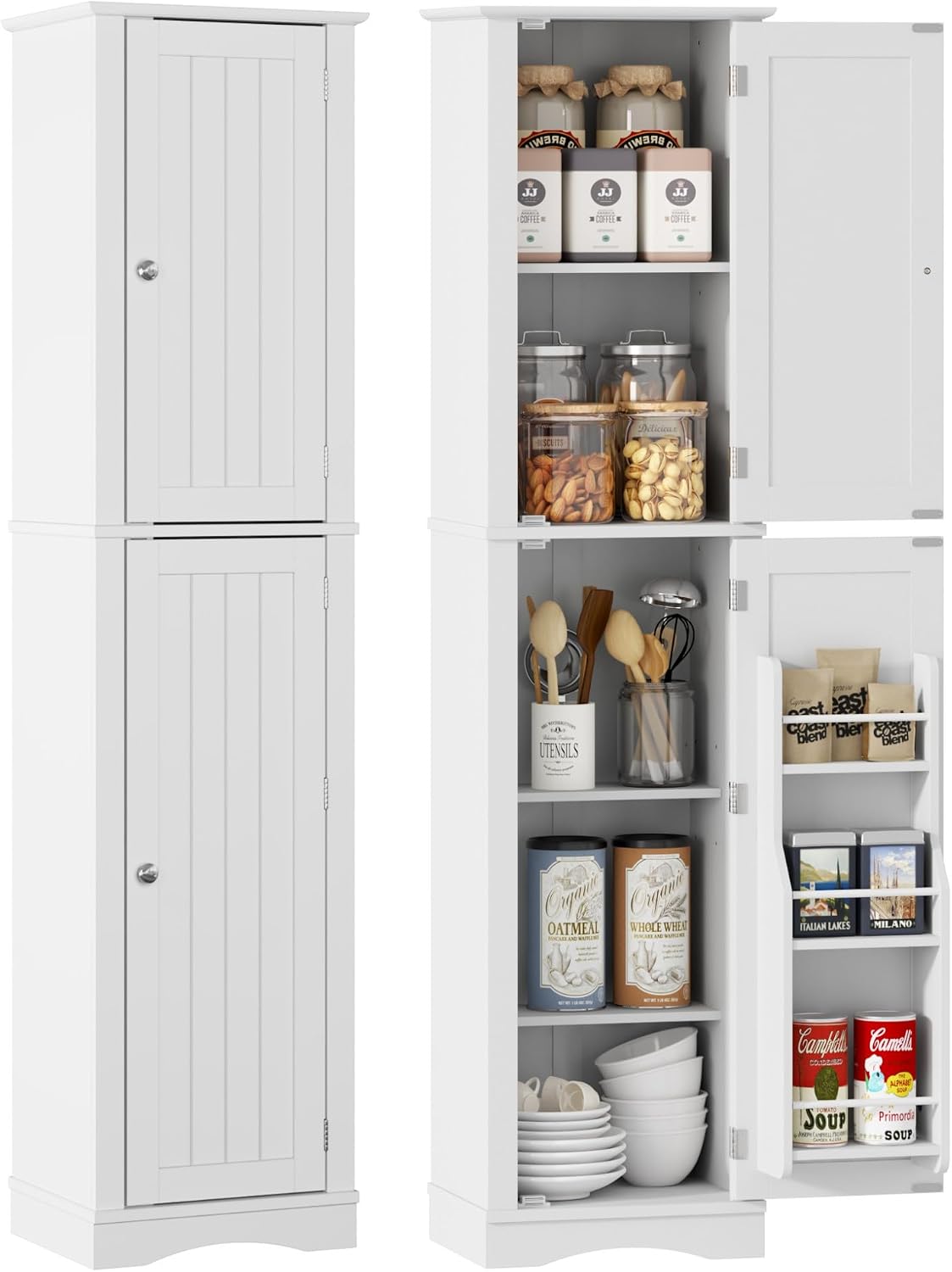 Function Home Tall Bathroom Storage Cabinet, 64' Slim Kitchen Pantry with Door Storage, Narrow Wood Freestanding Cabinets with Adjustable Shelves for Kitchen Living Room Dining Room, White