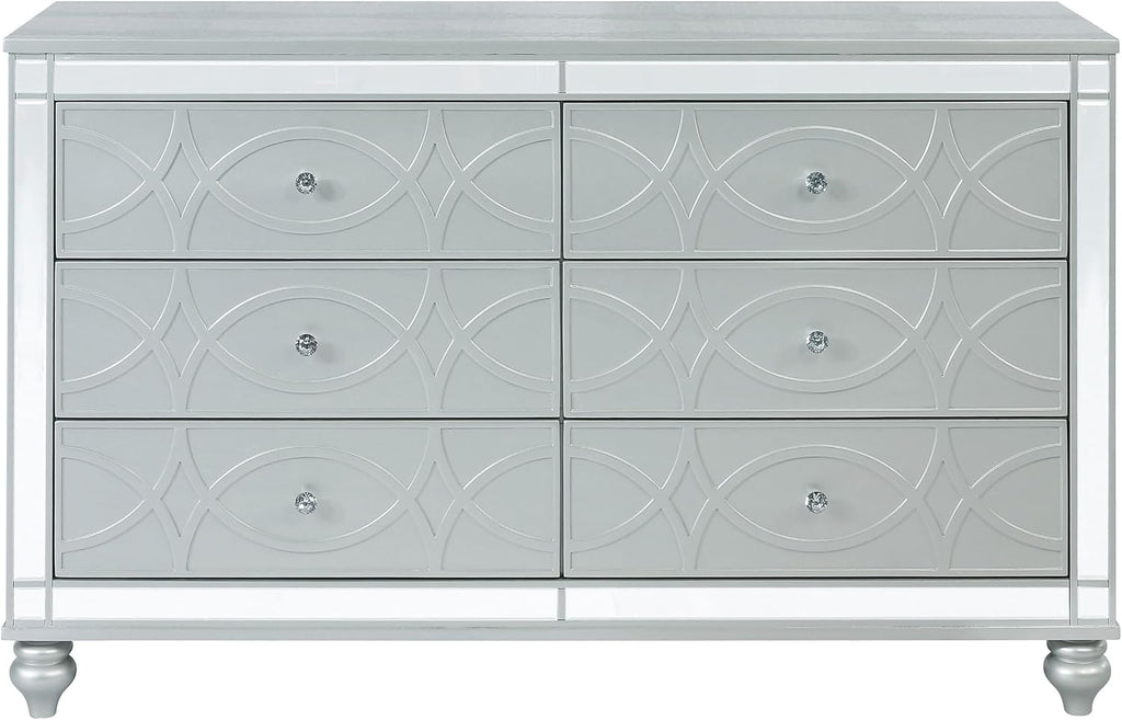 Coaster Home Furnishings - Gunnison - 6-Drawer Dresser with Modern Classic Style, Crystal-Like Pulls, Felt-Lined Top, Fretwork Panel Overlays - Bedroom - Silver Metallic - 223213