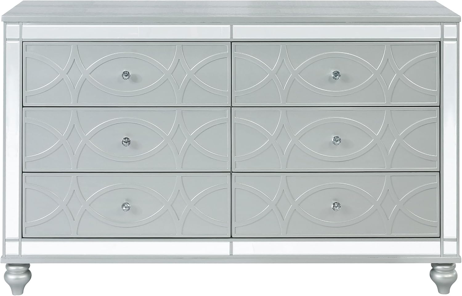 Coaster Home Furnishings - Gunnison - 6-Drawer Dresser with Modern Classic Style, Crystal-Like Pulls, Felt-Lined Top, Fretwork Panel Overlays - Bedroom - Silver Metallic - 223213