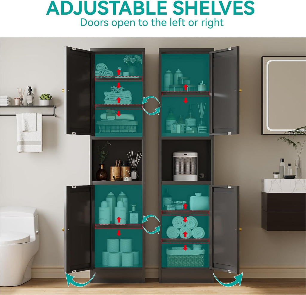 67' Tall Narrow Storage Cabinet with Doors and Open Shelf,Metal Pantry Cabinet,Shaker Style Slim Cabinet with Adjustable Shelves,for Bathroom Kitchen Laundry Small Spaces, Black, 1Pc