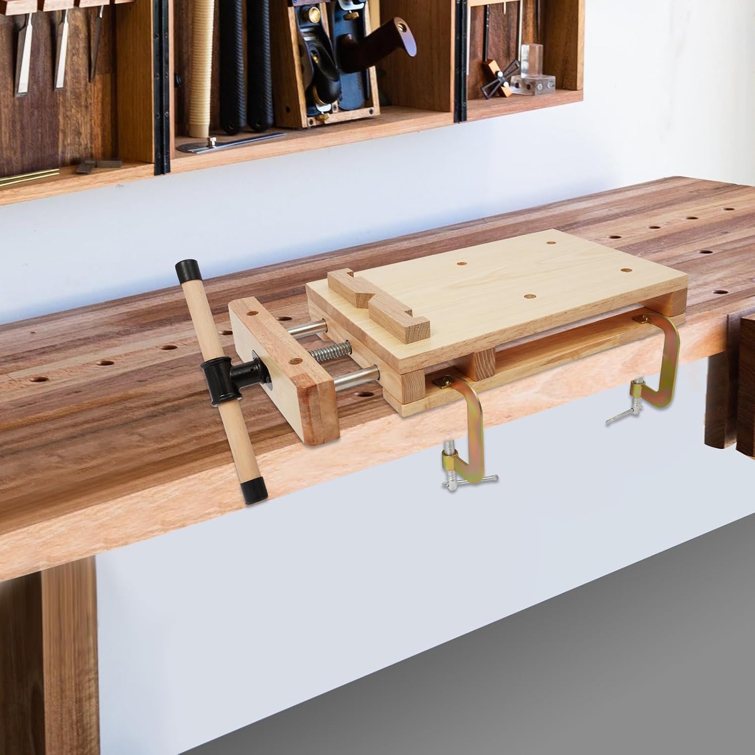 Portable Woodworking Bench with Adjustable Vise, Rubber Wood Workbench for DIY, Chiseling, Sawing, Planing, Compact Tabletop Workstation for Home & Workshop
