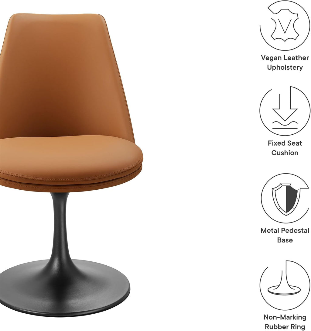 Modway Lippa Faux Leather Swivel Dining Side Chair in Black Tan - Armless Vegan Leather Accent Chair with Pedestal Base - 360° Rotating Office Chair with No Wheels