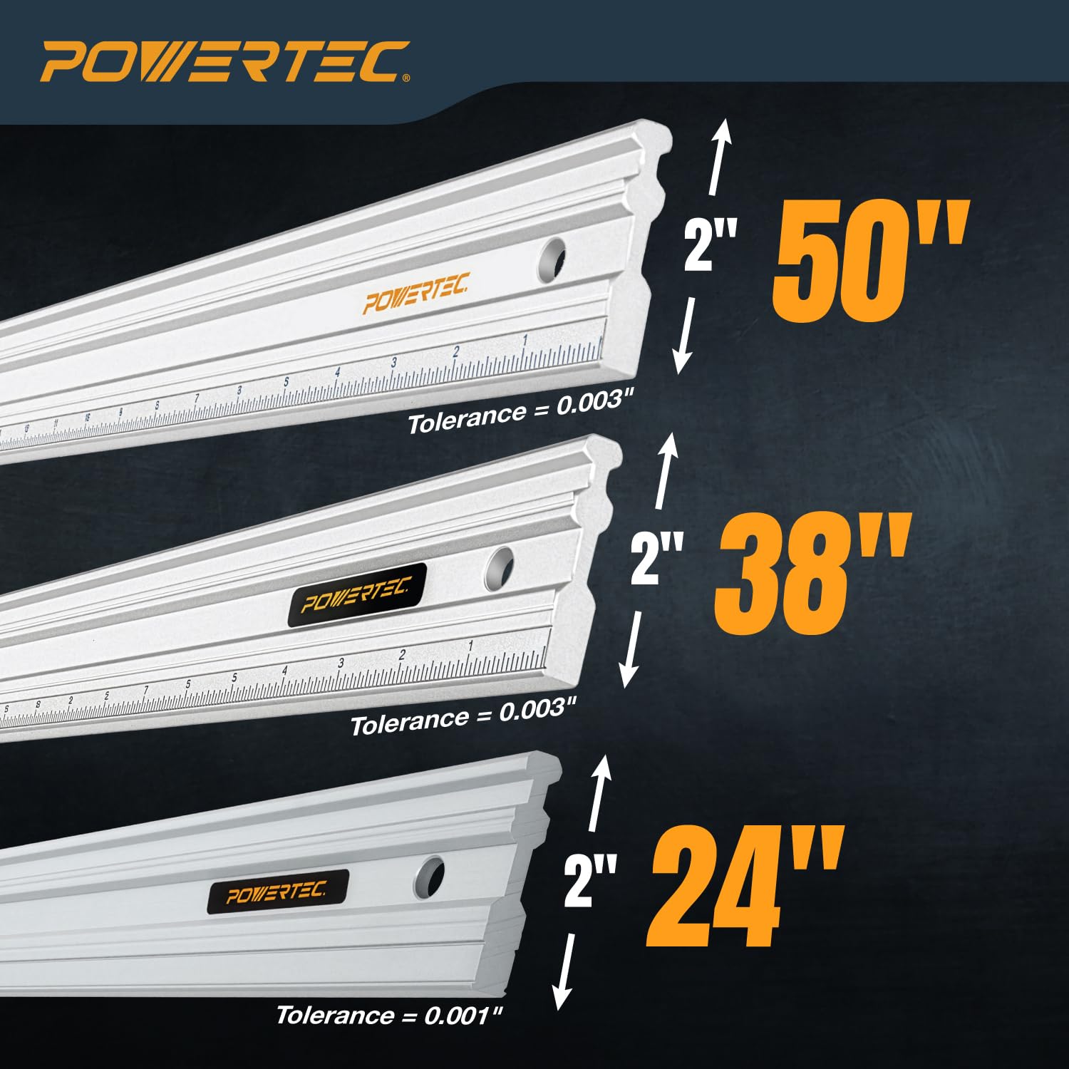 POWERTEC 24, 38 & 50 Inch Machinist Aluminum Straight Edges, for Checking Surface Warp, Marking/Scribing Lines - Used w/Feeler Gauges for Automotive Repairs, Cylinder Head Checks (71720V)