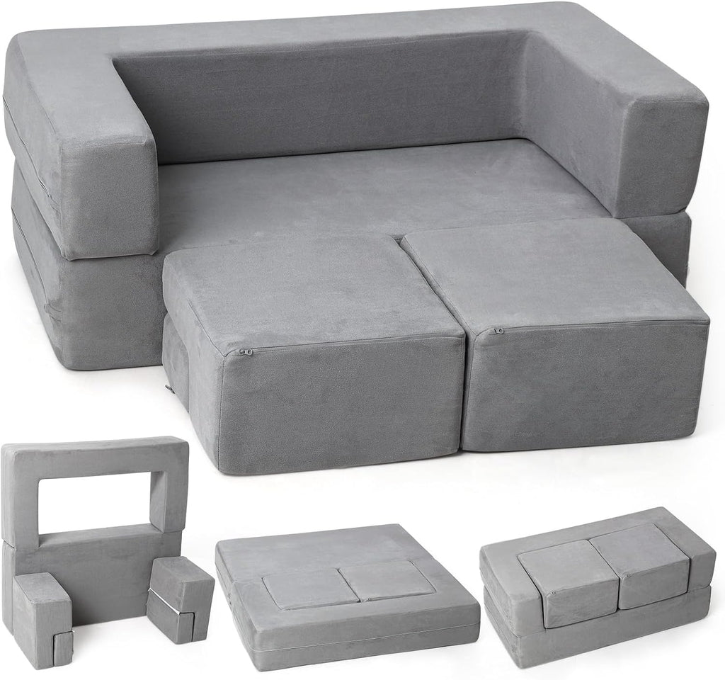 Kids Couch Toddler Play Couch for Bedroom Playroom, 3 in 1 Sectional Sofa for Kids' Play and Rest, Modular Mini Couch for Kids, Grey