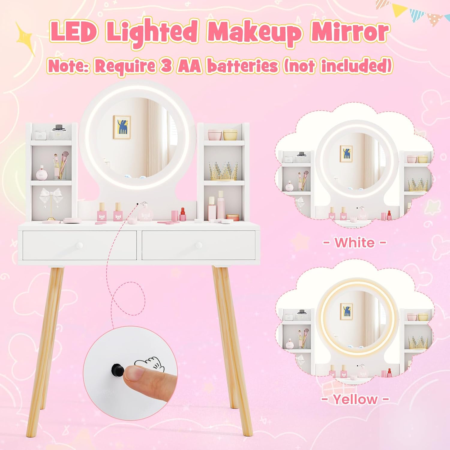 HONEY JOY Kids Vanity, Girls Vanity Set with Mirror and Stool and Lights, Drawers & Storage Shelves, Toddler Makeup Vanity Dressing Table, Pretend Play Kids Vanity Table and Chair Set (White)
