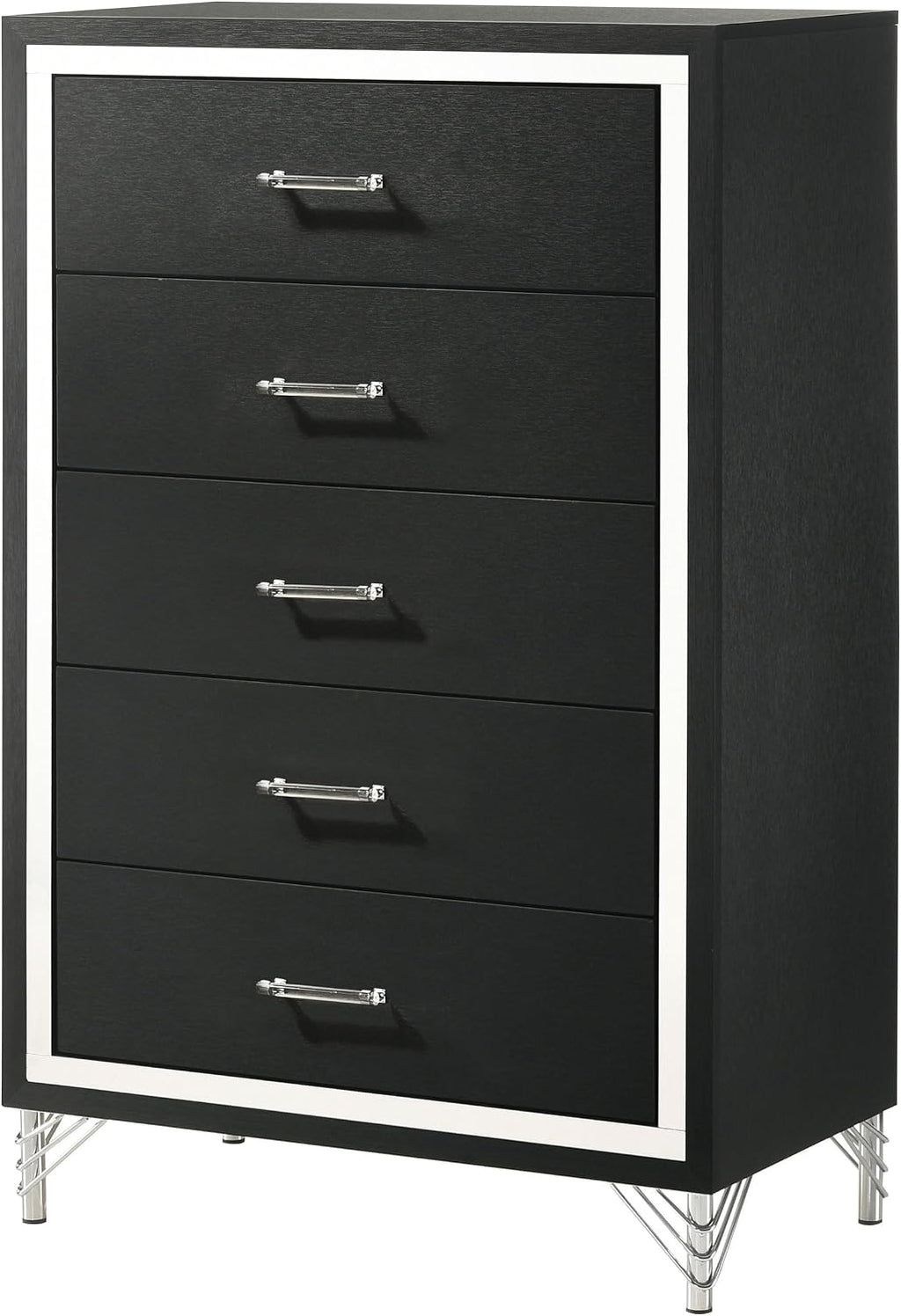 Coaster Home Furnishings - Lucia - Wood & Metal - 5-Drawer Chest with Chrome Trim, Hairpin Legs and Bar Pulls - Modern Classic - Bedroom - Black - 224995