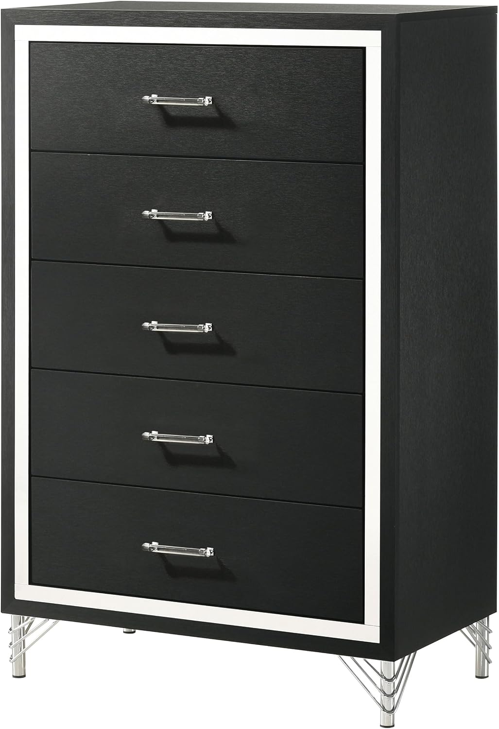 Coaster Home Furnishings - Lucia - Wood & Metal - 5-Drawer Chest with Chrome Trim, Hairpin Legs and Bar Pulls - Modern Classic - Bedroom - Black - 224995