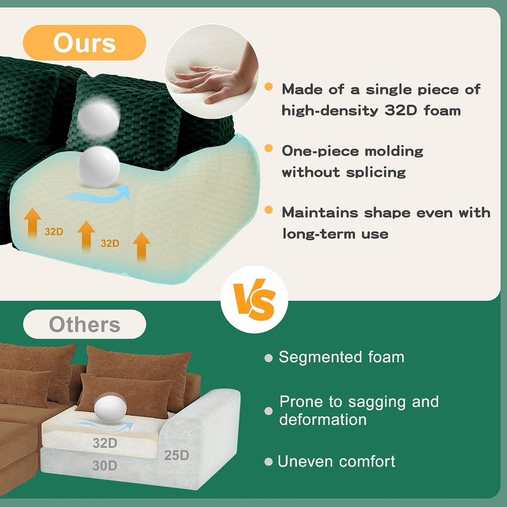 KEIKI 114' Oversized 3-Seater Boneless Couches for Living Room, Compact Modular Sectional Velvet Sofa, Deep Seat Cozy Foam Lounge Couch No Assembly for Apartment Space, Modern Comfort Design, Green