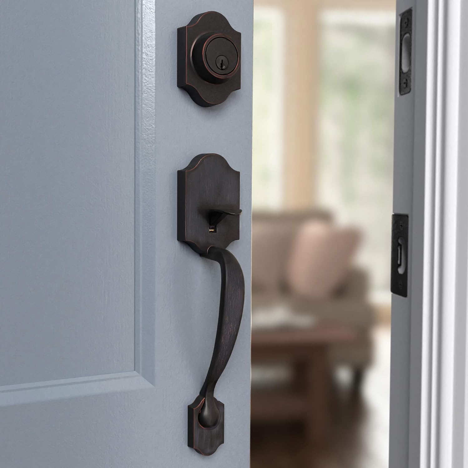 Amazon Basics Front Door Lock Set, Handleset with Shelby Lever, Level Door Handle, Exterior, Single Cylinder Packs, Oil Bronze, 6-Pack